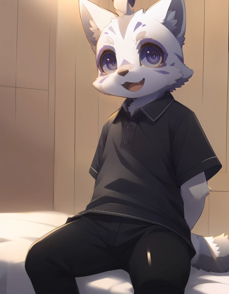 (((detailed eyes, detailed face))), (furry, nazk <lora:character_nazk_findigo_v2:1>, two-tone fur, grey fur, white fur, ahoge, cat boy, purple eyes), male, (solo), (plump), (black shirt, collared shirt, black pantyhose), sitting, (arms behind back), smile BREAK (konzaburou, ukan_muri, cute), bedroom, (flat shading, flat color, high brightness), 8k, UHD, masterpiece, (full body)