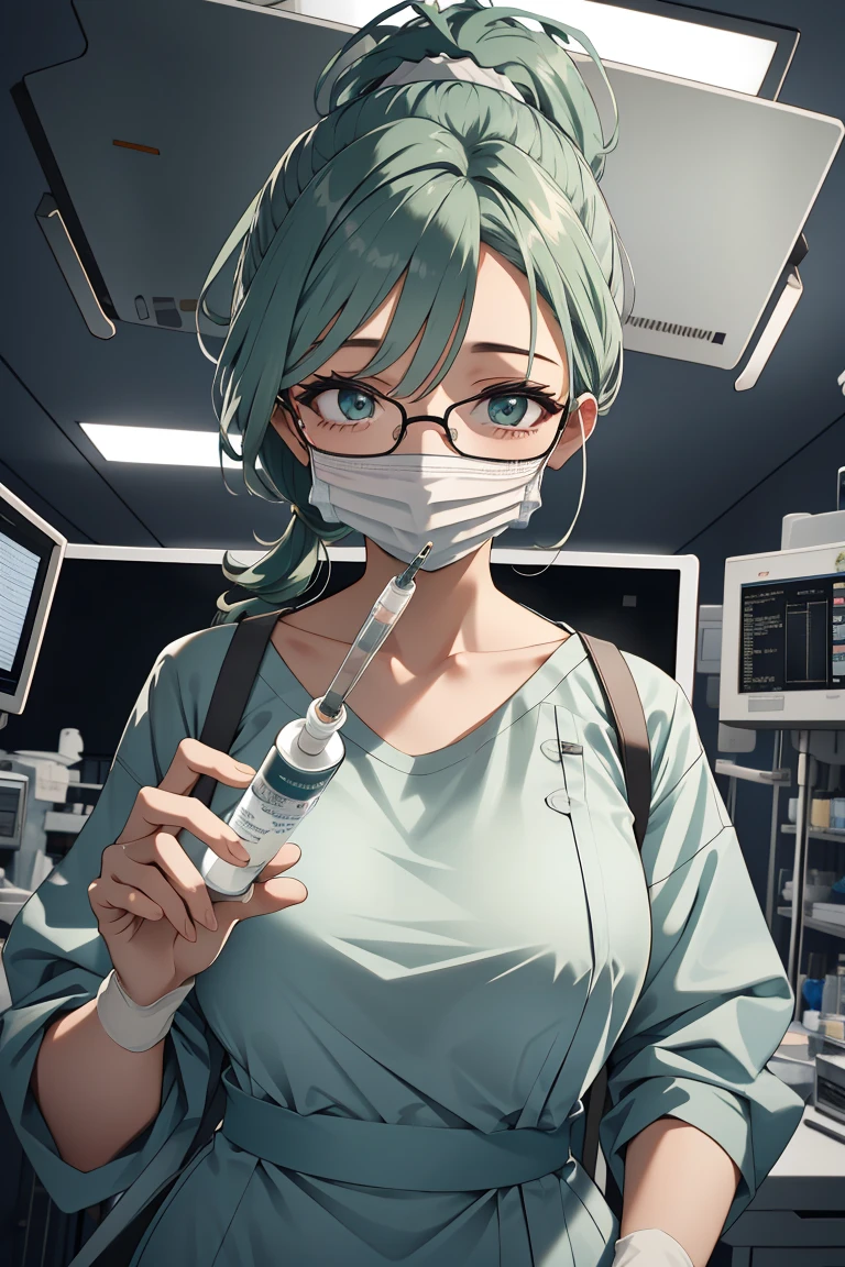 (RAW photo, best quality), operating room, overhead surgical light,blurred background, focused, dithering,backlighting,
 <lora:injection_V1.0-000005:0.8> injection_pov, 1girl, solo, looking at viewer, holding, surgical mask, holding syringe, 
<lora:Camilla Kloudiam:0.57> camilla kloudiam, ocg:0001, 1girl, green_hair, glasses, pink_eyes, freckles, mature female,