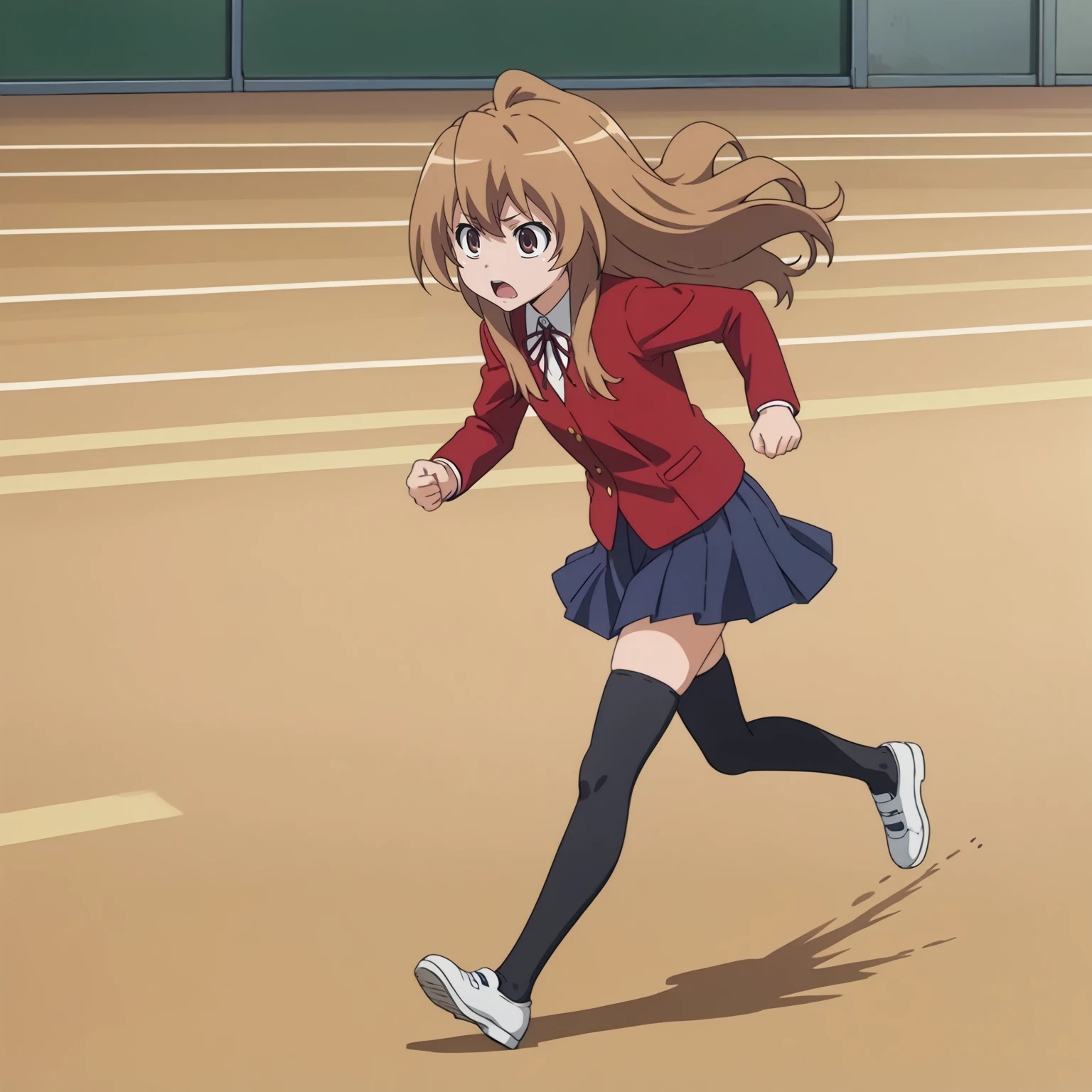 <lora:TaigaAisakaXLpony001>,
solo,
TaigaAisaka,1girl,brown hair,long hair,brown eyes,
school_uniform,red jacket,
blue skirt,pleated_skirt,
black thighhighs,
full body,running,