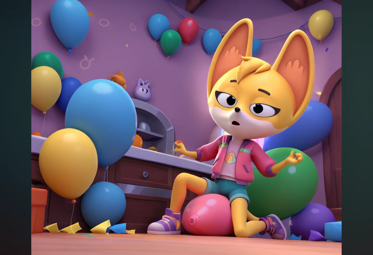 score_9, score_8_up, score_7_up, score_6_up, score_5_up, score_4_up, female, kit casey, fox, vixen, female, anthro, big balloon, one balloon, pink jacket, white shirt, shorts, shoes, 

kitchen, lights off, surprise party, confetti,

steam, panting, heavy breathing, bedroom eyes, lidded eyes, 

solo, 1girl, 




(sitting on a balloon:1.2), looner, balloon fetish, nonpop, balloon popping, popped balloons, popping balloons, sitting on a balloon, straddling a balloon, balloon pieces, balloon knot, tied balloon, one balloon, big balloon, tied balloon, necked balloon, overinflated balloon, green balloon, blue balloon, cat print balloon, 
detailed background, dynamic angle, dynamic lighting, suggestive, rating suggestive,
,

from below, low-angle view, foreshortening
,