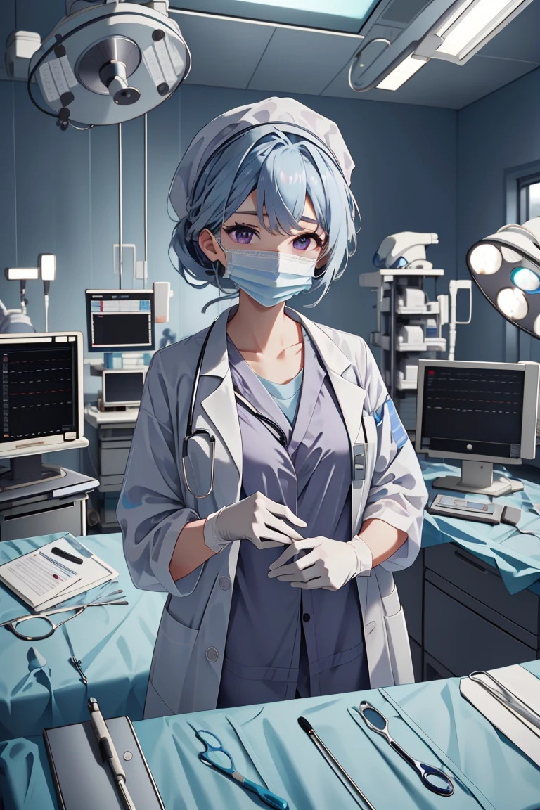 (RAW photo, best quality), operating room, overhead surgical light,blurred background, focused, dithering,backlighting,
 <lora:doctor_surgery_capped_V1.0-000005:0.8> doctor_in_surgery_cap, solo, surgical mask, labcoat, doctor, gloves, stethoscope,headwear,
 <lora:Valerie Kato:0.57> valerie kato, ocg:0002, 1girl, blue hair, purple eyes,