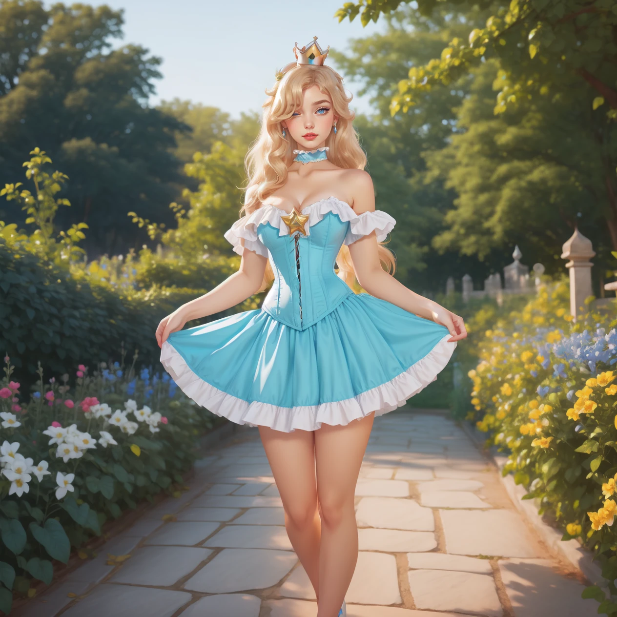 1girl, long blonde hair, hair over one eye, full body, hud_crst_prncss_drss, bare shoulders, blue corset, off shoulder, short sleeves, blue dress, short dress, frills, crown, choker, lipstick, high heels, <lora:corset_princess_sd15:0.7>, castle, garden