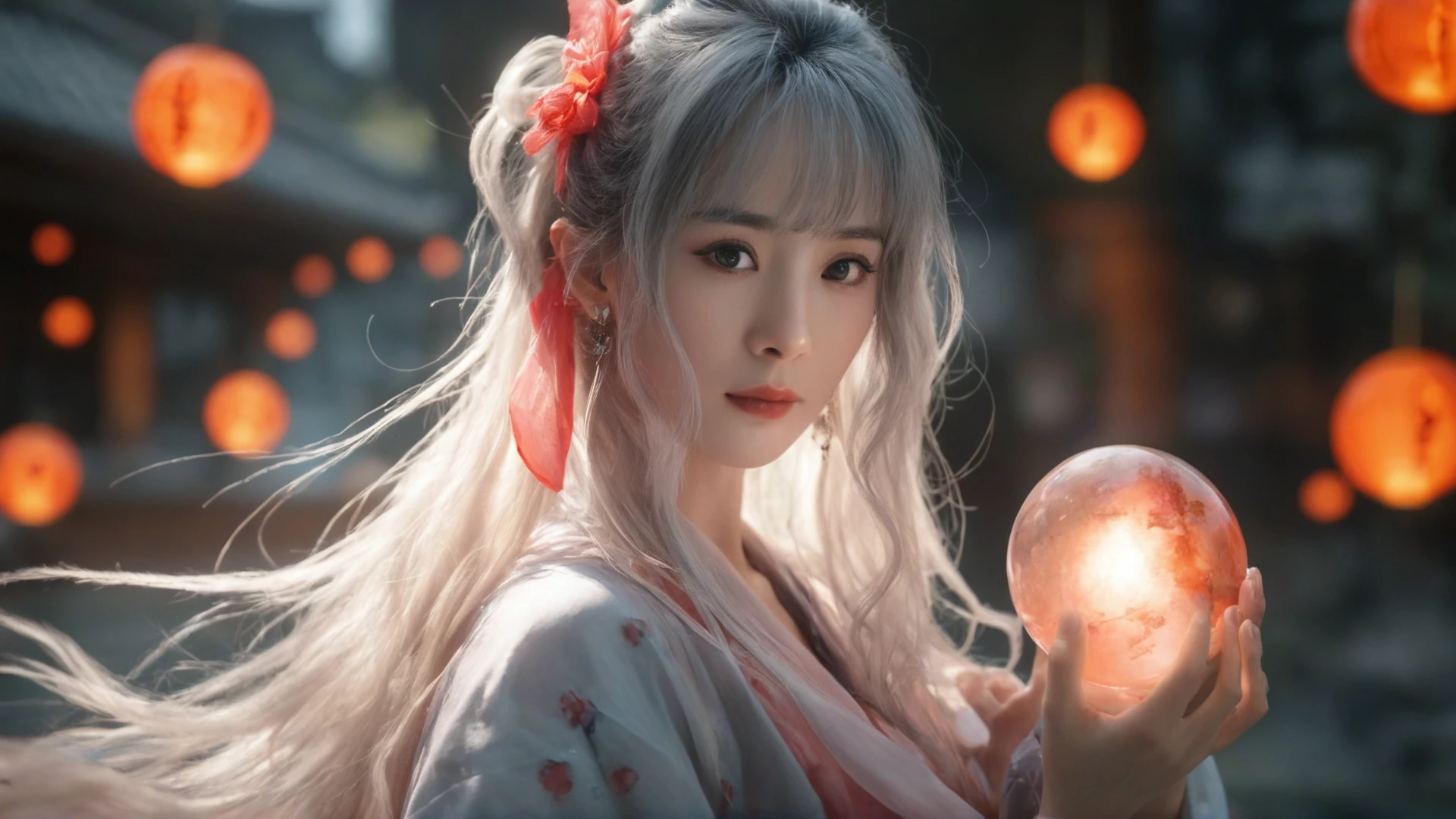 1 girl, solo,  Hanfu, bangs, black hair, blunt bangs, closed mouth, fish gemstone jewelry, long hair, looking at the audience,
(realstic,masterpiece, best quality,UHD,Depth of field,ighly detailed),dissected correctly, official wallpaper, clear focus,( delicate light), (cinematic lighting),