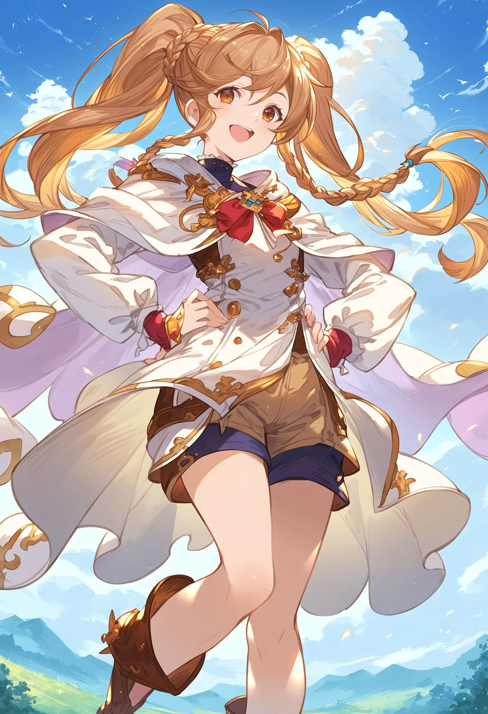 gbfpxnl, 1girl, amira \(granblue fantasy\), braid, brown footwear, white cape, upper body, hand on hip, jewelry, knee long hair, long sleeves, looking at viewer, open mouth, shorts, smile, solo, twintails, white background outdoors, scenery, close-up, clouds, dappled sunlight,
score_9, score_8_up, score_7_up, score_6_up, source anime, masterpiece, best quality, very aesthetic, absurdres
<lora:granblue_fantasy_v2:1>