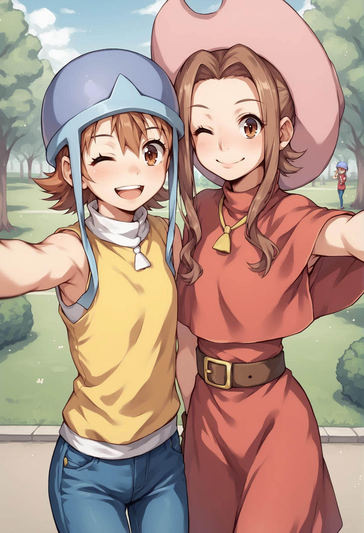 2girls, mimi, long hair, sidelocks, ponytail, brown eyes, red dress, capelet, brown gloves, belt, skirt, cowboy hat, sora, short hair, brown eyes, helmet, blue headwear, yellow t-shirt, sleeveless, high collar, red gloves, jeans, looking at viewer, selfie, wink, v, cowboy shot, outdoors, park <lora:MimiSora:1>, score_9, score_8_up, score_7_up, score_6_up, score_5_up, score_4_up, BREAK source_anime, masterpiece