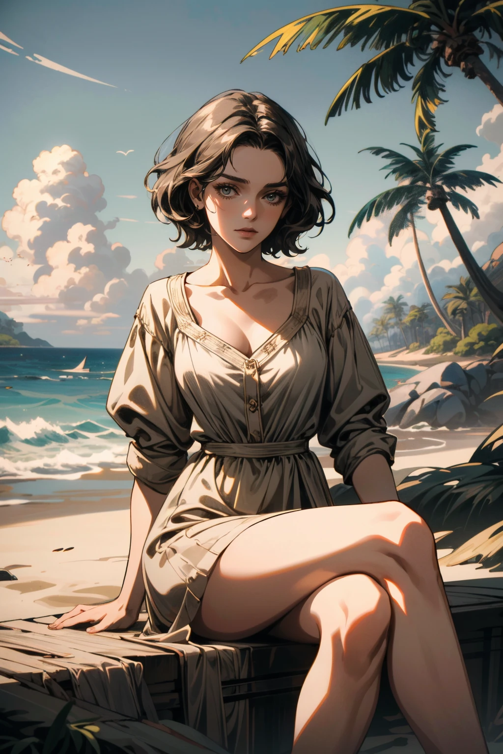 ((ultra detailed, masterpiece, absurdres))
<lora:THLilianne:0.7>
THLilianne, 1girl, brown hair, on the sandy beach, minidress, palm trees in the background, sitting cross-legged