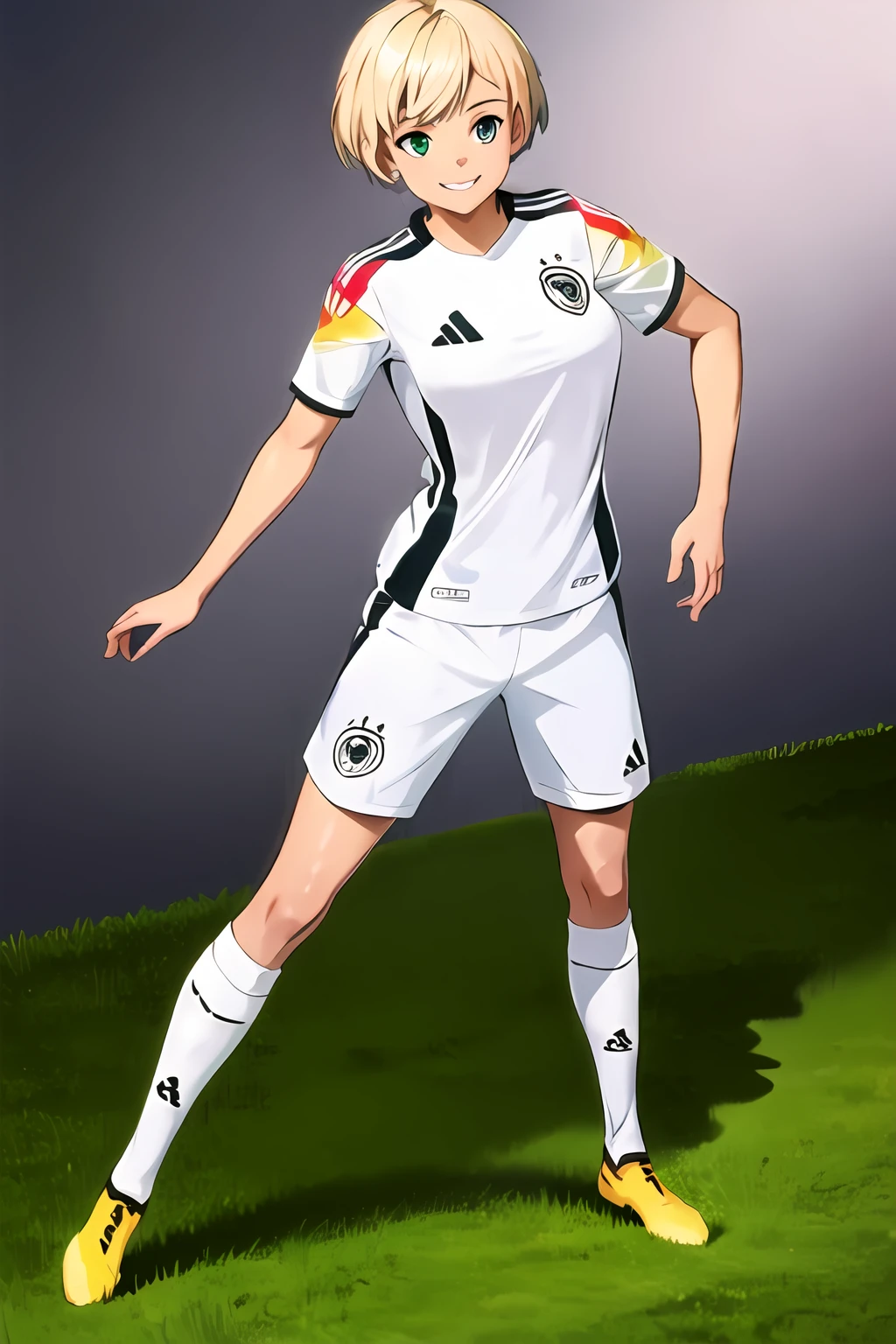 <lora:SC-G3R_Shirt_2024:1>, g3rm4ny, soccer uniform, sportswear, shirt, short sleeves, shorts, full body, 1girl, short hair, blonde hair, smile, soccer stadium, green field, massive breasts, (extremely detailed CG unity 8k wallpaper), (best quality), (ultra-detailed), (best illustration)