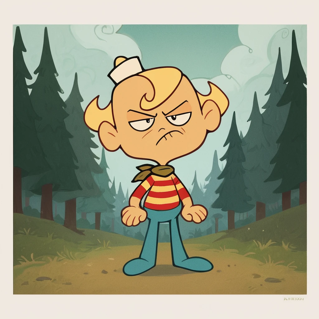 score_9, score_8_up, score_7_up, score_6_up, score_5_up, score_4_up, toon \(style\), FLPJCK, forest, squatting, cloudy, 1boy, blonde hair, striped shirt, scarf, hat, blue pants, full body, frown <lora:flpjckv2-50:1>