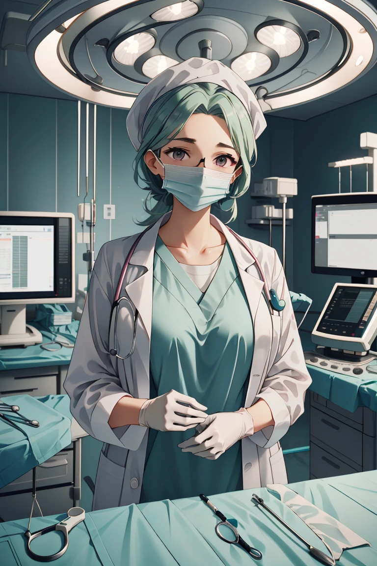 (RAW photo, best quality), operating room, overhead surgical light,blurred background, focused, dithering,backlighting,
 <lora:doctor_surgery_capped_V1.0-000005:0.8> doctor_in_surgery_cap, solo, surgical mask, labcoat, doctor, gloves, stethoscope,headwear,
 <lora:Camilla Kloudiam:0.37> camilla kloudiam, ocg:0001, 1girl, green hair, pink eyes,