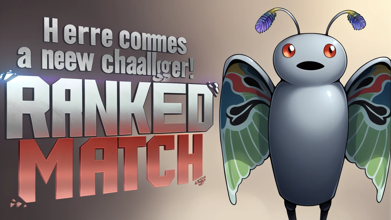 score_9, score_8_up, score_7_up, source_anime BREAK solo, pokemon \(creature\), <lora:Mothman-pdxl_Fp:1>, mothman, red eyes, open mouth, antennae, wings, grey skin, <lora:SFNewChallenger_XLPD:1>, new challenger, english text, text focus