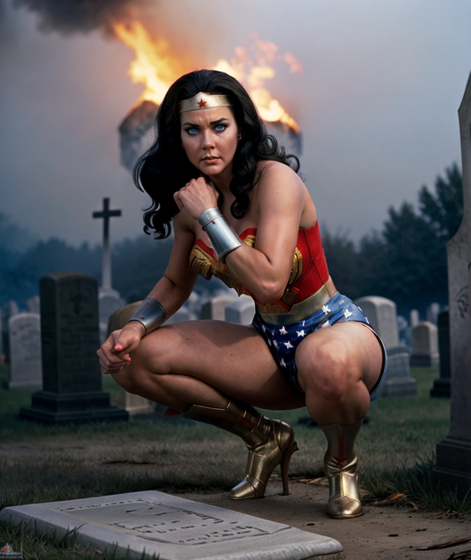 <lora:quiron_WonderWomanRetro_v1340_Lora:0.77>  wonderWomanRetroquiron, wonderWomanRetro, black hair, realistic, solo, long hair, blue eyes,Squatting with hands on ankles , at Cursed Cemetery, warrior pose,  fog, explotion, fire, lighting,