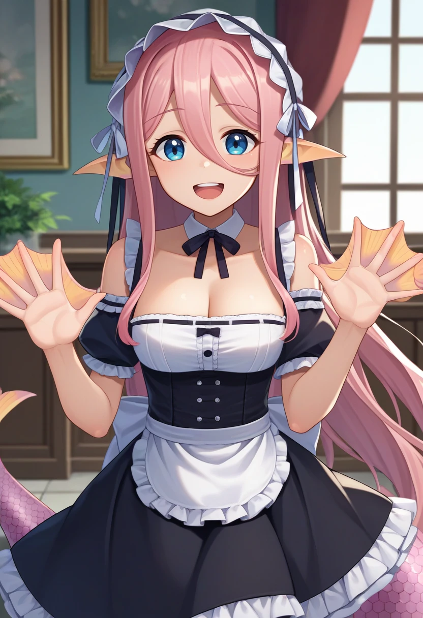 score_9, score_8_up, score_7_up, source_anime, solo, 1girl, meroune lorelei, monster girl, mermaid, scales, webbed hands, happy, looking at viewer, upper teeth, waving, maid headdress, pointy ears, head fins, frills, black dress, waist apron, puffy short sleeves, bare shoulders, cleavage, indoors  <lora:monstermusume_meroune_ponyXL_1:1>