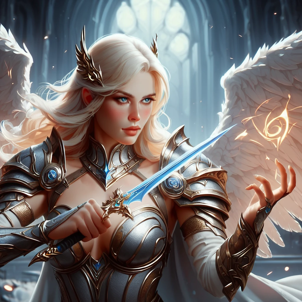 score_9, score_8_up, score_7_up, score_6_up, score_5_up, score_4_up, (1girl, angel, beautiful hair and wings, wearing blue and gold armor, torn cape, holding magical dagger:1.2), heaven in background vibrant, concept art, digital art, realistic, 