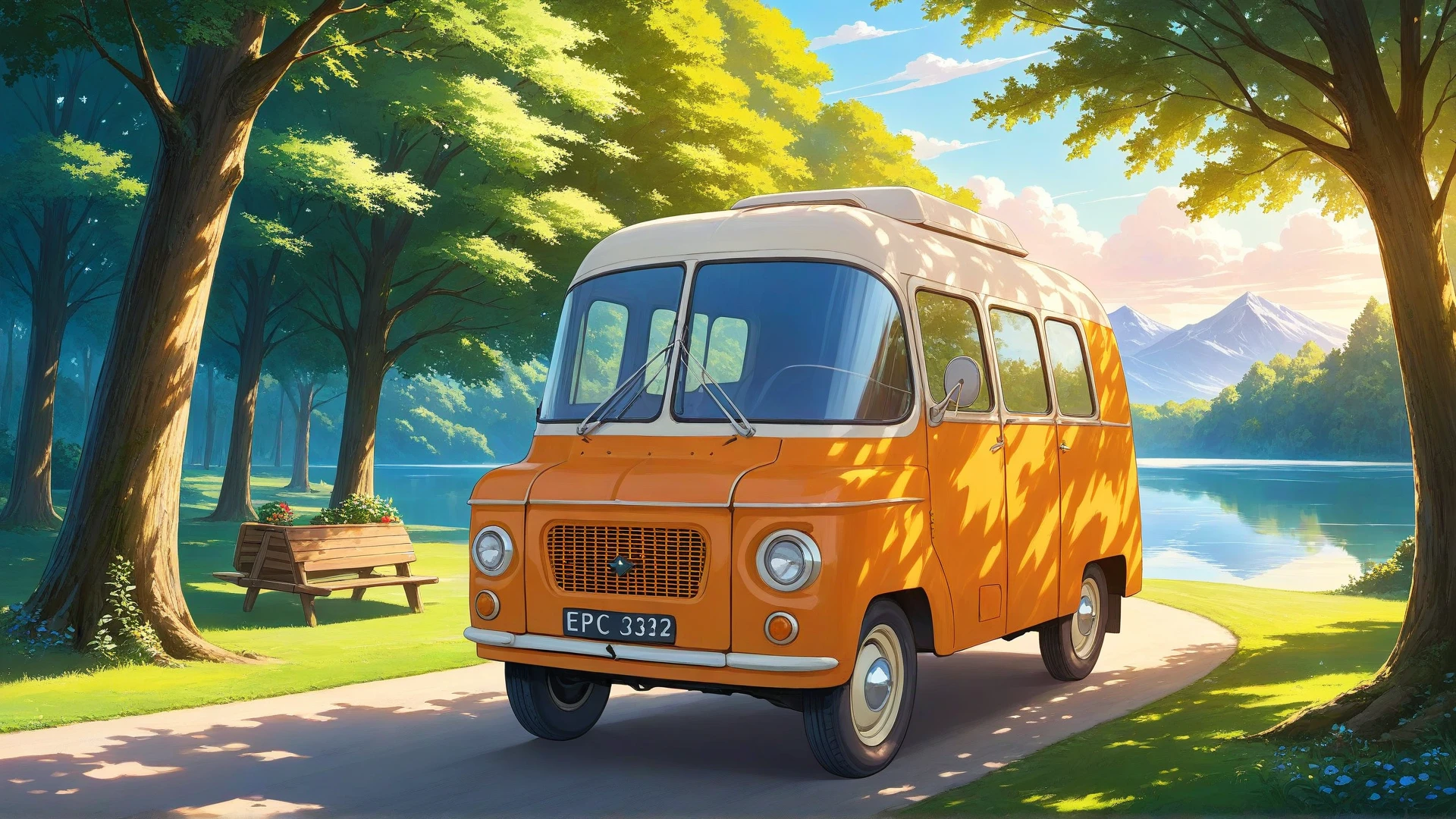 ethereal fantasy concept art of breathtaking anime artwork creamy 60s polish delivery van, parked in the forest on a sunny day, trees and a lake visible in the background, epic still shoot <lora:add-detail-xl:1> <lora:polish 60s delivery van-000001:1> . anime style, key visual, vibrant, studio anime, highly detailed . award-winning, professional, highly detailed . magnificent, celestial, ethereal, painterly, epic, majestic, magical, fantasy art, cover art, dreamy