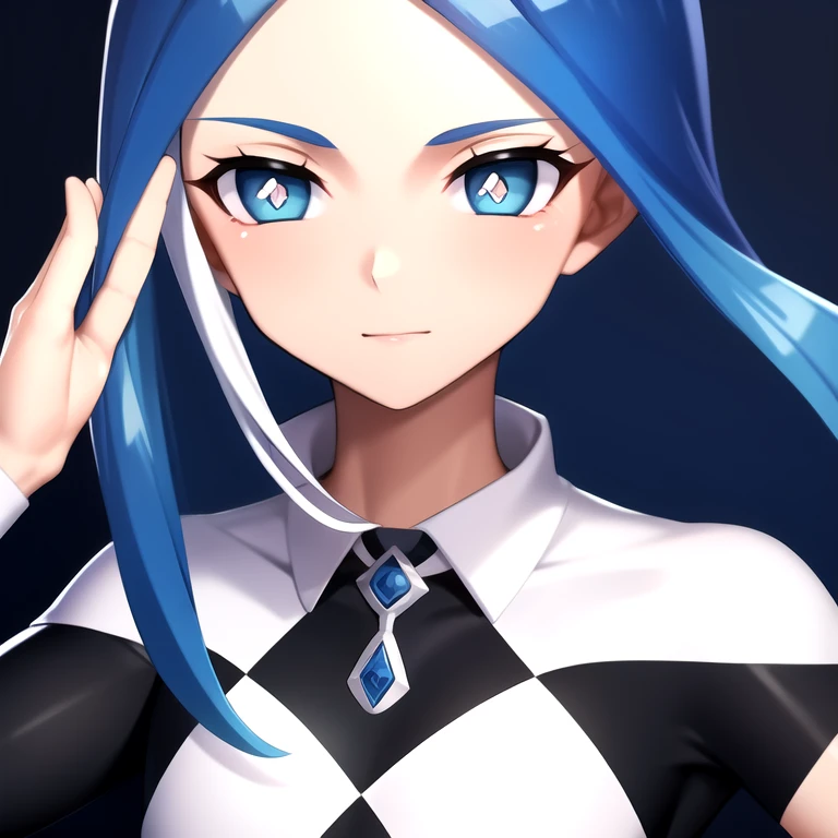 (score_9,score_8_up,score_7_up,score_6_up,source_anime,best best quality,perfect face,bright pupils,(finely detailed beautiful eyes),),full_shot,cowboy_shot,<lora:1748411177380811639:0.7>,Urbida (Reina Yagami),long hair,white fringe,blue eyes,blue hair,(white fringe (hair):1.2),