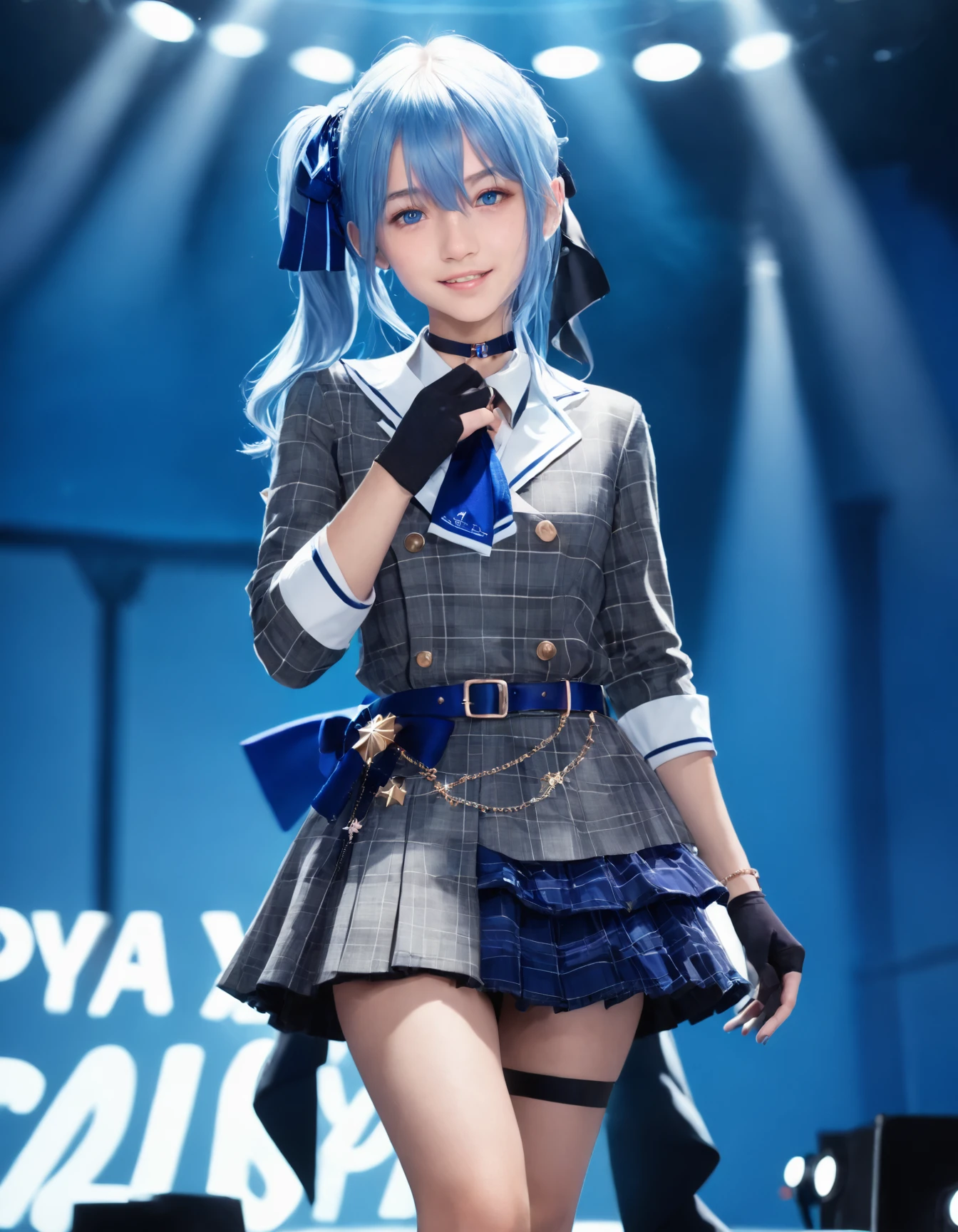 1girl, solo,
(Best quality:1.0),(masterpiece:1.0),photorealistic,
(realistic),photograph,hyperdetailed photography,raw photo,
cowboy shot,
stage,Spotlight, (on stage:1.2) ,
Singing, microphone,
BREAK
smile,
18yo,
<lora:suisei_RPO_V1_0-000008:0.8>,
suisei, virtual youtuber, blue hair, blue eyes, side ponytail, blue nails, hair between eyes, jewelry, ribbon,nail polish,medium hair, hair ribbon,long hair,turime,
(flat chest:0.5),small breast,
cos 1st, gloves, black gloves, choker, star (symbol),partially fingerless gloves, belt, plaid dress,plaid skirt, skirt, bracelet, shirt, buttons, blue belt,double-breasted, blue ascot, plaid jacket, collared shirt, dress,grey jacket, long sleeves,blue ribbon, blue choker, grey skirt,thigh strap, single thighhigh, socks,