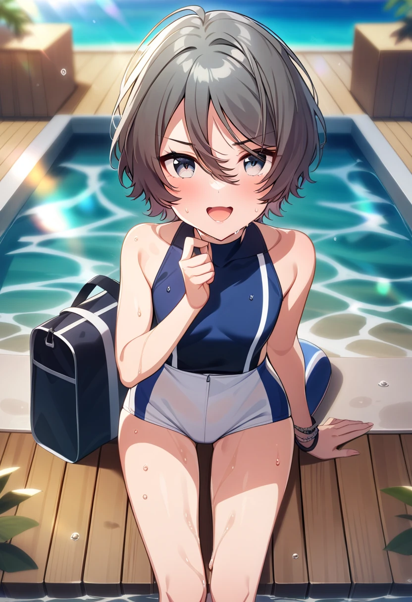 1girl, azu\(since memories\), swim suit, grey short hair, grey eyes, summer, looking at viewer, ;d, wet, water, masterpiece, best quality, very aesthetic, absurdres, <lora:azusa-000029:1.0>