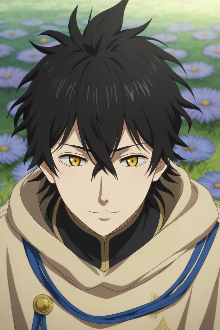 score_9, score_8_up, score_7_up, source_anime, rating_safe, , (realistic:0.6), , depth of field, 1boy, solo, male focus, <lora:yuno_black_clover_pony:0.74>, yuno_black_clover, black hair, yellow eyes, short hair, hair between eyes, focused, flower field, flowers, dusk, kneeling, light smile, , <lora:sdxl_lightning_8step_lora:1>