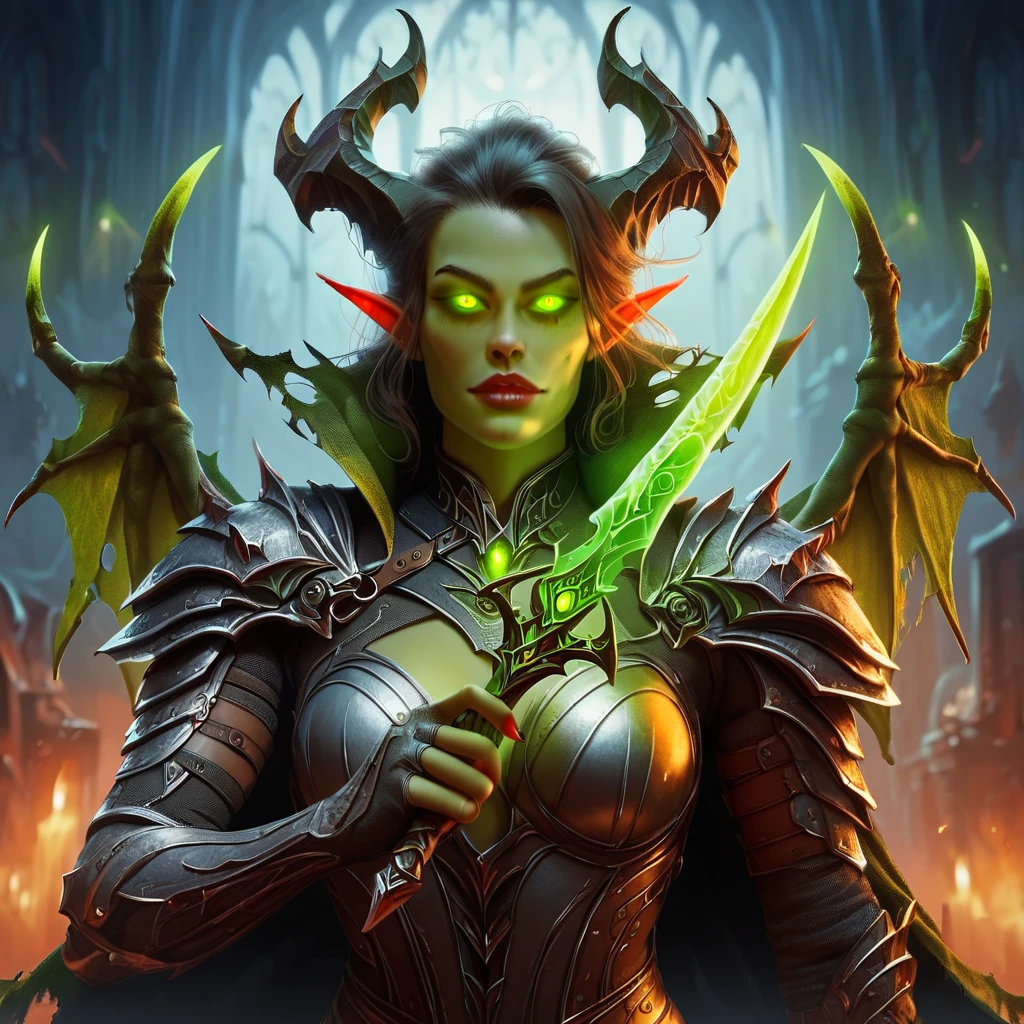 score_9, score_8_up, score_7_up, score_6_up, score_5_up, score_4_up, (1demon, femaledemon, green skin, green wings, evil, glowing eyes, wearing armor, torn cape, holding green magical dagger:1.2), dungeon in background vibrant, concept art, digital art, realistic, 