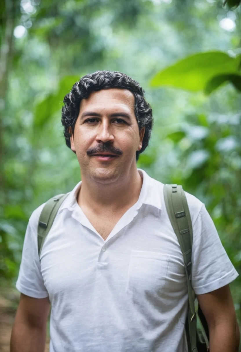 portrait of pabloescobar,  man in white tshirt, colombian jungle, bokeh  <lora:PabloEscobar_SDXL_Vol1:1>