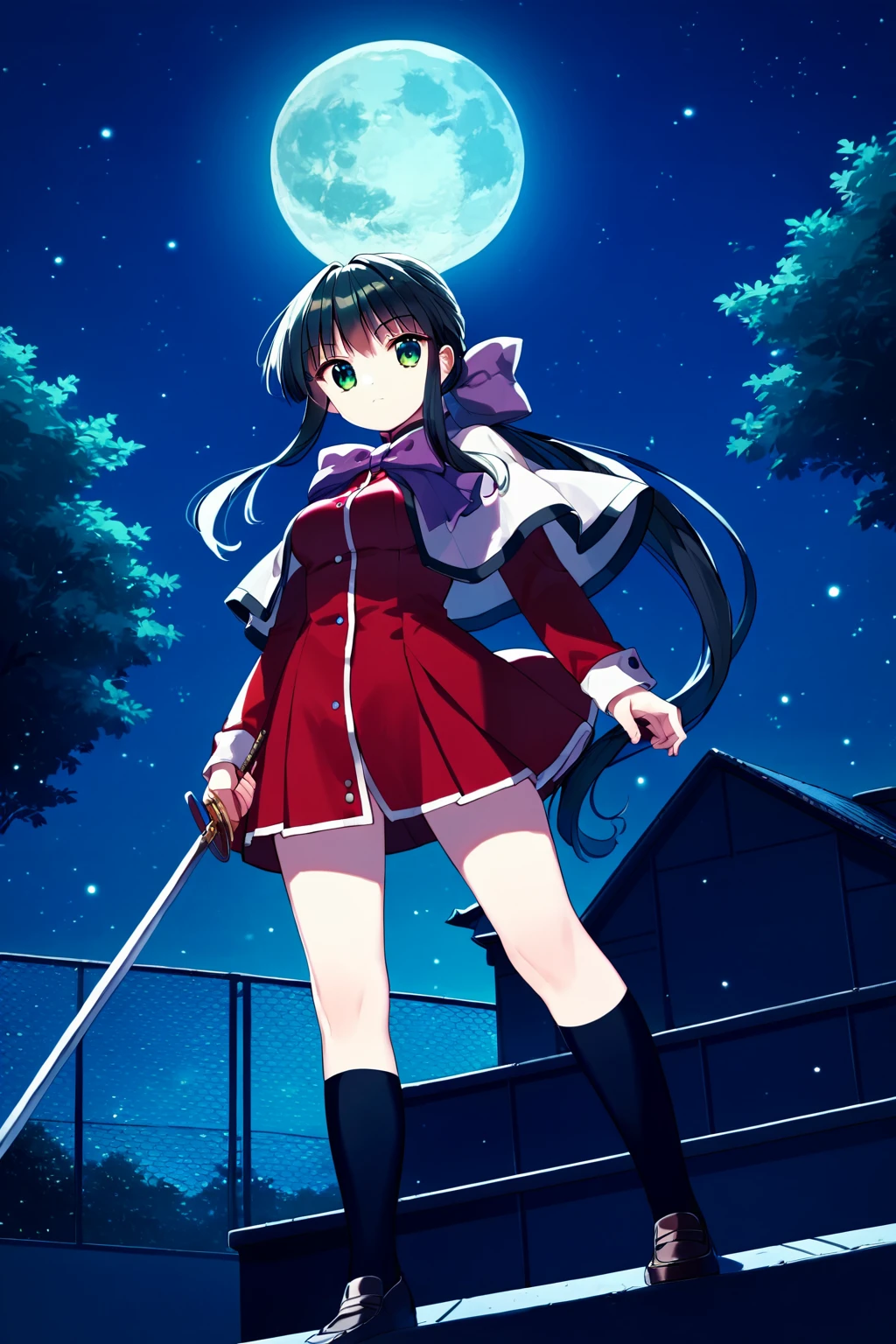 score_9, score_8_up, score_7_up, score_6_up, rating_questionable, source_anime, best quality, masterpiece, detailed background, detailed eyes, dutch angle, school roof, night, moon, (holding a sword), <lora:kawasumi-mai-xl-03:1.1>, kawasumi mai, kanon uniform, red uniform, low ponytail, hair bow, white capelet, purple bow, green eyes, ponytail, long sidelocks, long side hair, black socks, medium breasts, no pants,