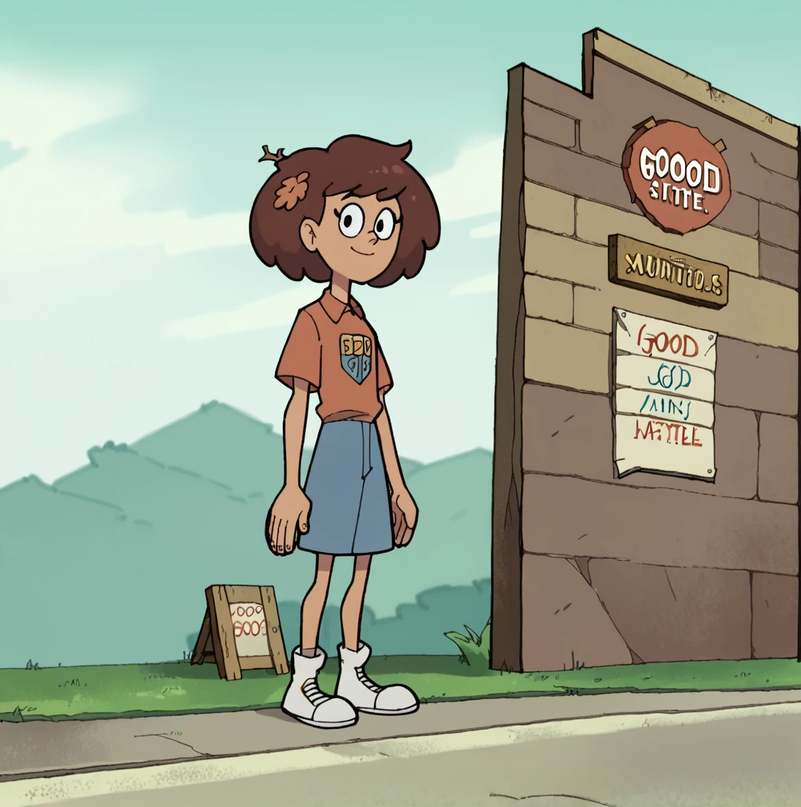 <lora:Clerks_The_Animated_Series:0.7> Clerk style, score_9, score_8 or higher, masterpiece, <lora:Amphibas_Anne_Boonchuy:0.8> Anne Boonchuy, dynamic angle, 1girl, outside, standing outside wall looking at viewer, good anatomy, full body