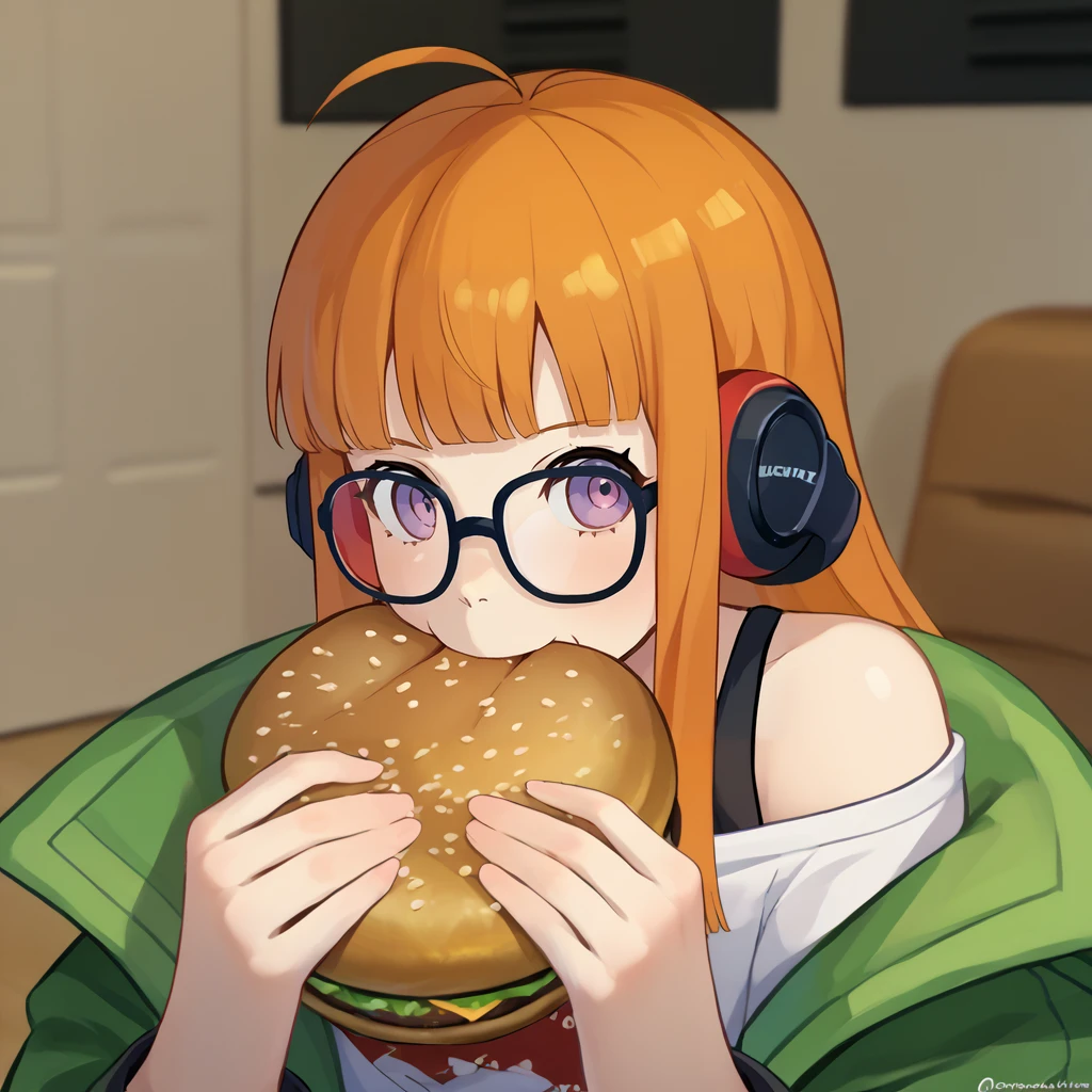 score_9, score_8_up, score_7_up, score_6_up, source_anime BREAK 1girl,  <lora:jermawhopper-pdxl-nvwls-v1-000005:1> jermaWhopper, eating, huge burger, looking at you, upper body  <lora:zs_FutabaXL:1> futabadef, orange hair, long hair, blunt bangs, glasses, ahoge, purple eyes, behind-the-head headphones, white shirt, green fur-trimmed jacket, off shoulder jacket, black shorts, black thighhighs