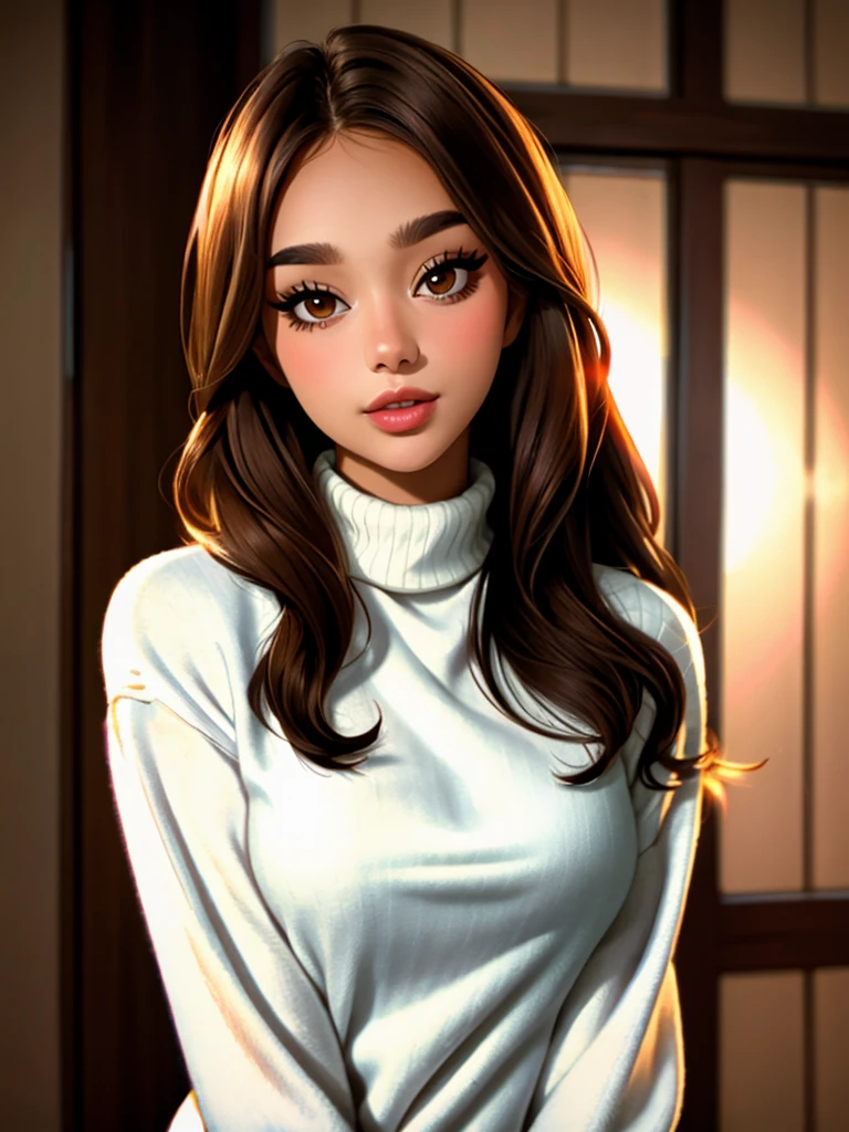 Realistic photo of a beautiful s3lt1ns woman,1girl, solo, long hair, looking at viewer, brown hair, long sleeves, brown eyes, jewelry, nail polish, sweater, eyelashes, turtleneck, ring, brown background, realistic, covering mouth, covered mouth, white sweater, professional Photography, Photorealistic, detailed, RAW, analog, sharp focus, high quality, film grain, masterpiece<lora:s3lt1ns:1.0>