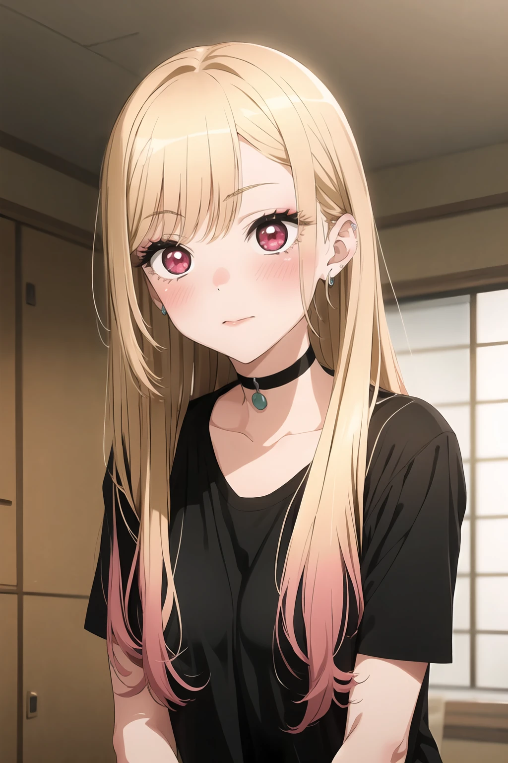 1girl, solo, blonde hair, long hair, shirt, choker, blush, multicolored hair, jewelry, black shirt, gradient hair, looking at viewer, black choker, upper body, bangs, red eyes, short sleeves, pink hair, indoors, kitagawa marin, <lora:Sono Bisque Doll wa Koi wo Suru - Marin Kitagawa Updated:0.7>