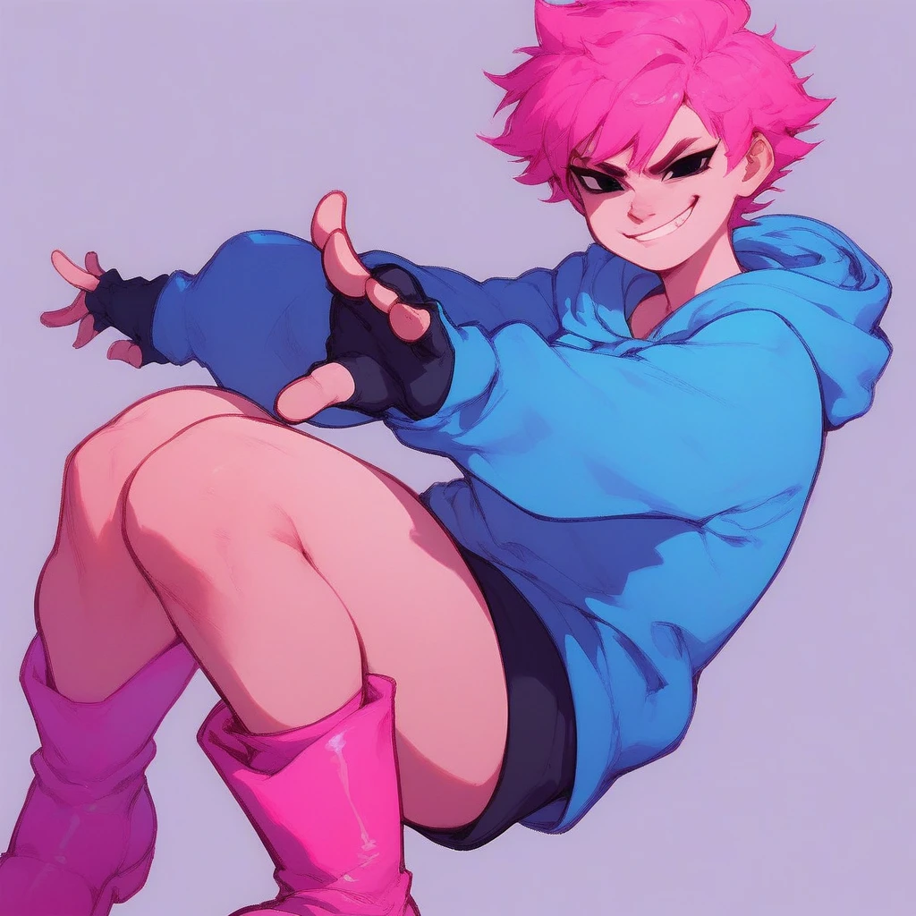 score_9, score_8_up, score_7_up, Kumatora, pink hair, black eyes, hoodie, blue hoodie, short hair, tomboy, pink boots, spats, fingerless gloves, thighs, smirk