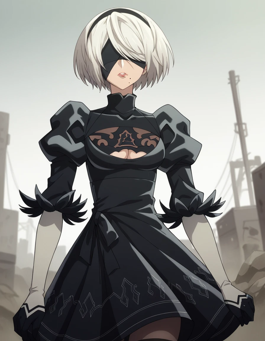 score_9, score_8_up, score_7_up, source_anime,
2b, <lora:2b-s1-ponyxl-lora-nochekaiser:1>,
2b, yorha no. 2 type b, short hair, white hair, hairband, mole, black hairband, mole under mouth, blindfold, covered eyes, black blindfold,
gloves, long sleeves, dress, puffy sleeves, black dress, clothing cutout, cleavage cutout, juliet sleeves, feather-trimmed sleeves,
outdoors, wasteland,
solo, dutch angle, looking at viewer, cowboy shot,