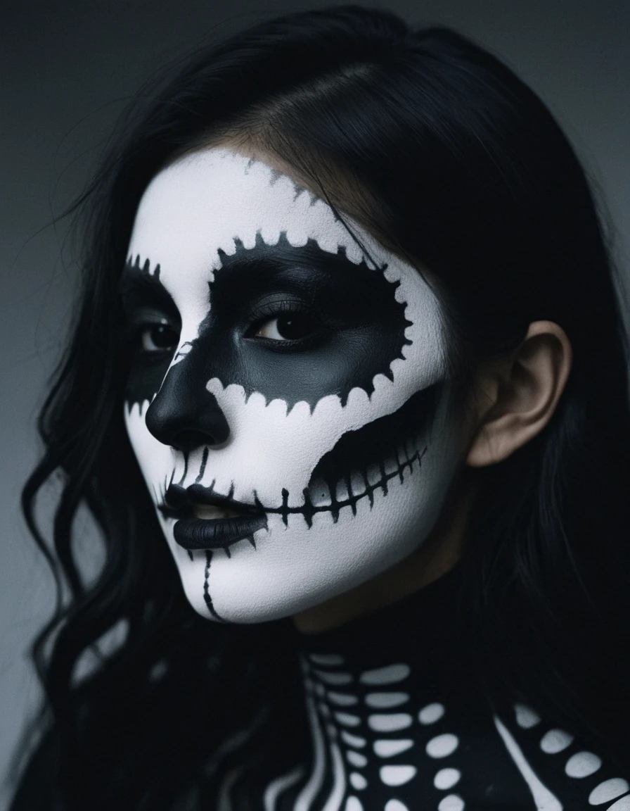 photograph film grain texture,analog photography aesthetic,A woman with skeletal makeup, high-fashion portrait style, striking skull face paint emulating a skeleton, detailed black and white makeup covering face and neck, illusion of a skeletal structure, black hollows around the eyes, nose, and mouth evoking eye sockets and nasal cavity, shaded collarbones and vertebrae mimicking an x-ray effect, matte black attire blending with body art, minimalist backdrop enhancing makeup artistry, gothic-inspired aesthetic, somber yet dynamic expression, light skin tone contrasting with dark makeup, wavy tousled hair adding texture, artistic tribute to Day of the Dead or similar cultural celebrations, 50mm . cinematic 4k epic detailed 4k epic detailed photograph shot on kodak detailed cinematic hbo dark moody, 35mm photo, grainy, vignette, vintage, Kodachrome, Lomography, stained, highly detailed, found footage, film grain texture,analog photography aesthetic,A woman with skeletal makeup, high-fashion portrait style, striking skull face paint emulating a skeleton, detailed black and white makeup covering face and neck, illusion of a skeletal structure, black hollows around the eyes, nose, and mouth evoking eye sockets and nasal cavity, shaded collarbones and vertebrae mimicking an x-ray effect, matte black attire blending with body art, minimalist backdrop enhancing makeup artistry, gothic-inspired aesthetic, somber yet dynamic expression, light skin tone contrasting with dark makeup, wavy tousled hair adding texture, artistic tribute to Day of the Dead or similar cultural celebrations, iconic fine detail, very intricate, elite cinematic quality, enhanced