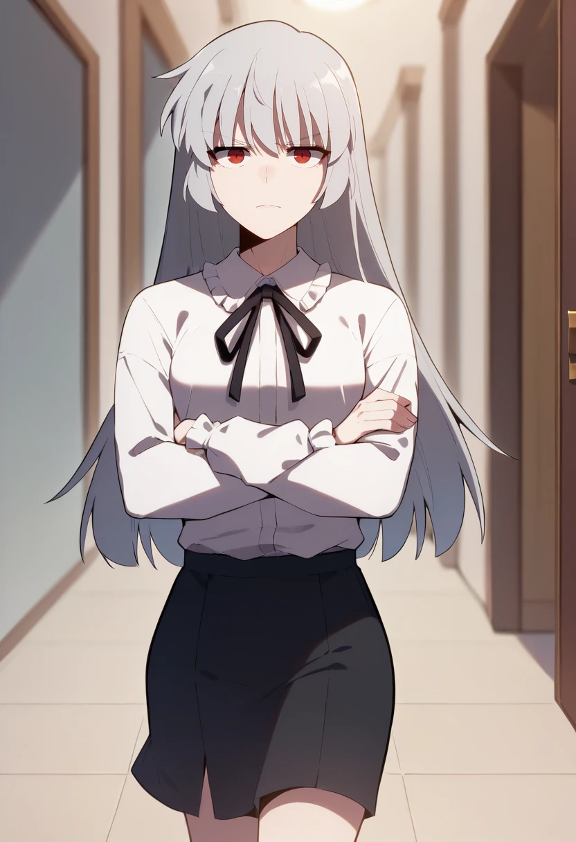 score_9, score_8_up, score_7_up,
<lora:SoloMaxLevelNewbie_AliceXL:0.8>, AliceSMLN,
1girl, solo, closed mouth,
grey hair, long hair, red eyes,
AliceNice, white shirt, frilled collar, black ribbon, black skirt,
walking, looking at the viewer, crossed arms,
indoors, blurry background