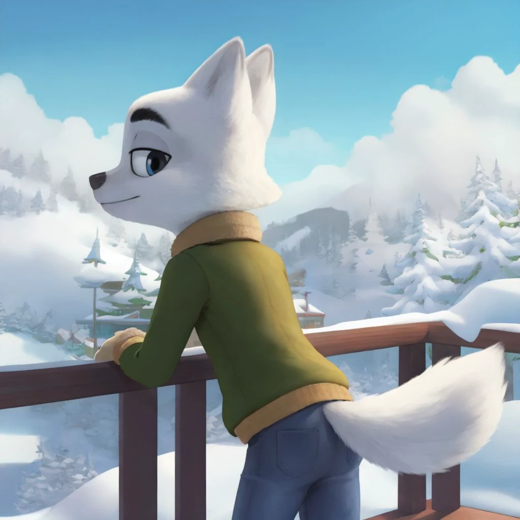 <lora:Swifty:0.8>, line art, (cel shading:1.1), outline, leaning forward:1.3,  raised tail, looking back, looking at viewer, narrowed eyes, smirk, inside, gondola, ski lift, bench, mittens, green jacket, blue pants, from behind, railing