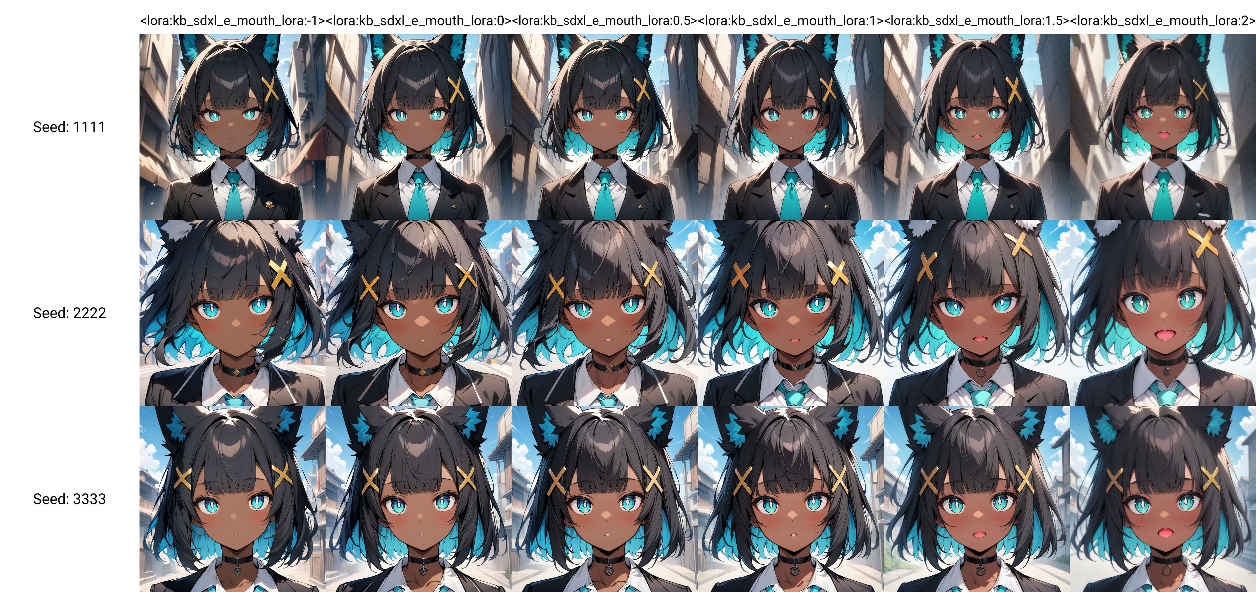 masterpiece,best quality,1girl,dark skin,dark-skinned female,black hair,bangs,blunt bangs,blue inner hair,short hair,yellow x hair ornament,fox ears,white pompom in ears,aqua eyes,white pupils,bright pupils,black choker,(black blazer:1.1),white shirt,aqua tie,sky,detailed background,face focus,<lora:kb_sdxl_e_mouth_lora:-1>,