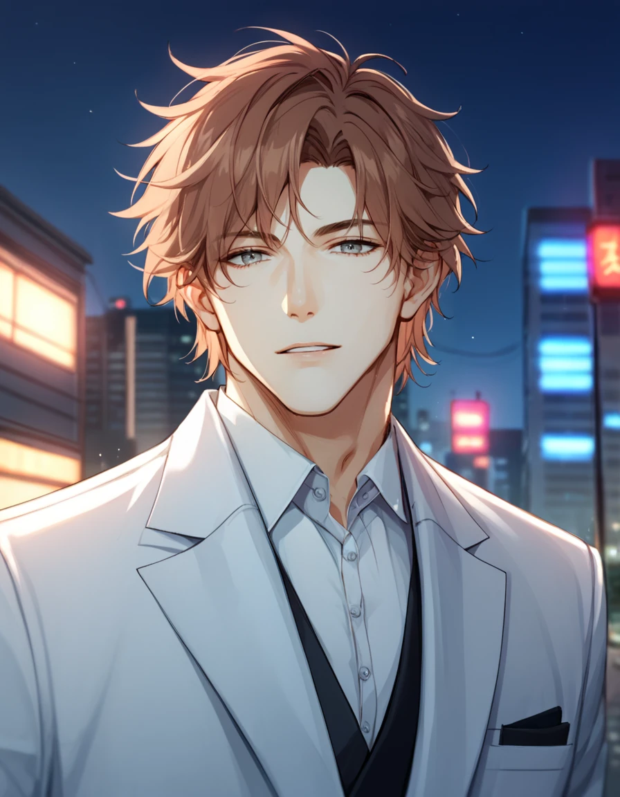 score_9, score_8_up, score_7_up, BREAK 1boy, solo, BREAK male focus, grey eyes, (medium hair, messy hair, brown hair, bangs), formal, BREAK outdoors, city, night, close-up, blurry background,  looking at viewer