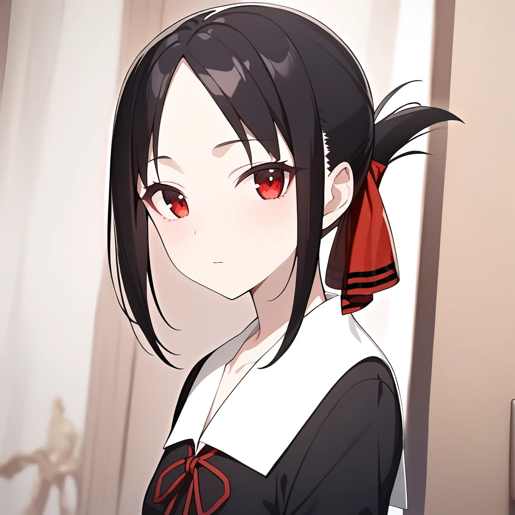 masterpiece, best quality, 1girl, kaguya,  <lora:kaguyaSDXL:0.8>, school uniform, black dress, black skirt, red ribbon, long sleeve, looking at viewer, standing, parted bangs, portrait