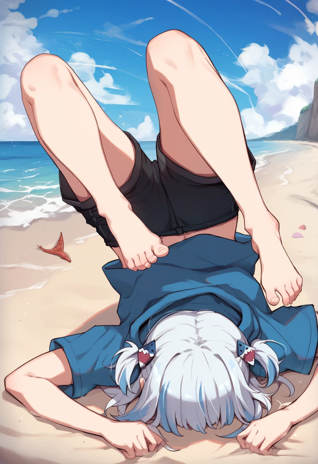 <lora:scorpion_pose_ponyxl_DoRA_v2:1>, scorpion pose, 1girl, faceplant, facing away, solo, barefoot, feet, toes, top-down bottom-up, back, shorts, blue hoodie,
pitvinm, gawr gura, medium hair, multicolored hair, white hair, blue hair, hair ornament,
beach, sand, sea, blue sky,
score_9, score_8_up, score_7_up, score_6_up, anime, rating_safe