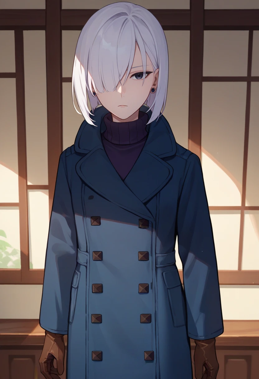 score_9, score_8_up, score_7_up, source_anime, solo, 1girl, fionadef, expressionless, looking at viewer, standing, short hair, white hair, hair over one eye, grey eyes, blue coat, turtleneck sweater, long sleeves, brown gloves, black pants, earrings, indoors <lora:spyxfamily_fionafrost_ponyXL:1>