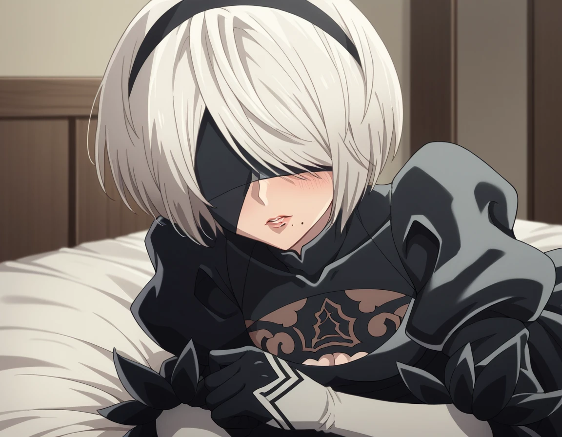 score_9, score_8_up, score_7_up, source_anime,
2b, <lora:2b-s1-ponyxl-lora-nochekaiser:1>,
2b, yorha no. 2 type b, short hair, white hair, hairband, mole, black hairband, mole under mouth, blindfold, covered eyes, black blindfold,
gloves, long sleeves, dress, puffy sleeves, black dress, clothing cutout, cleavage cutout, juliet sleeves, feather-trimmed sleeves,
indoors, bed, bed room, on side, blush, drunk,
solo, dutch angle, looking at viewer, cowboy shot,