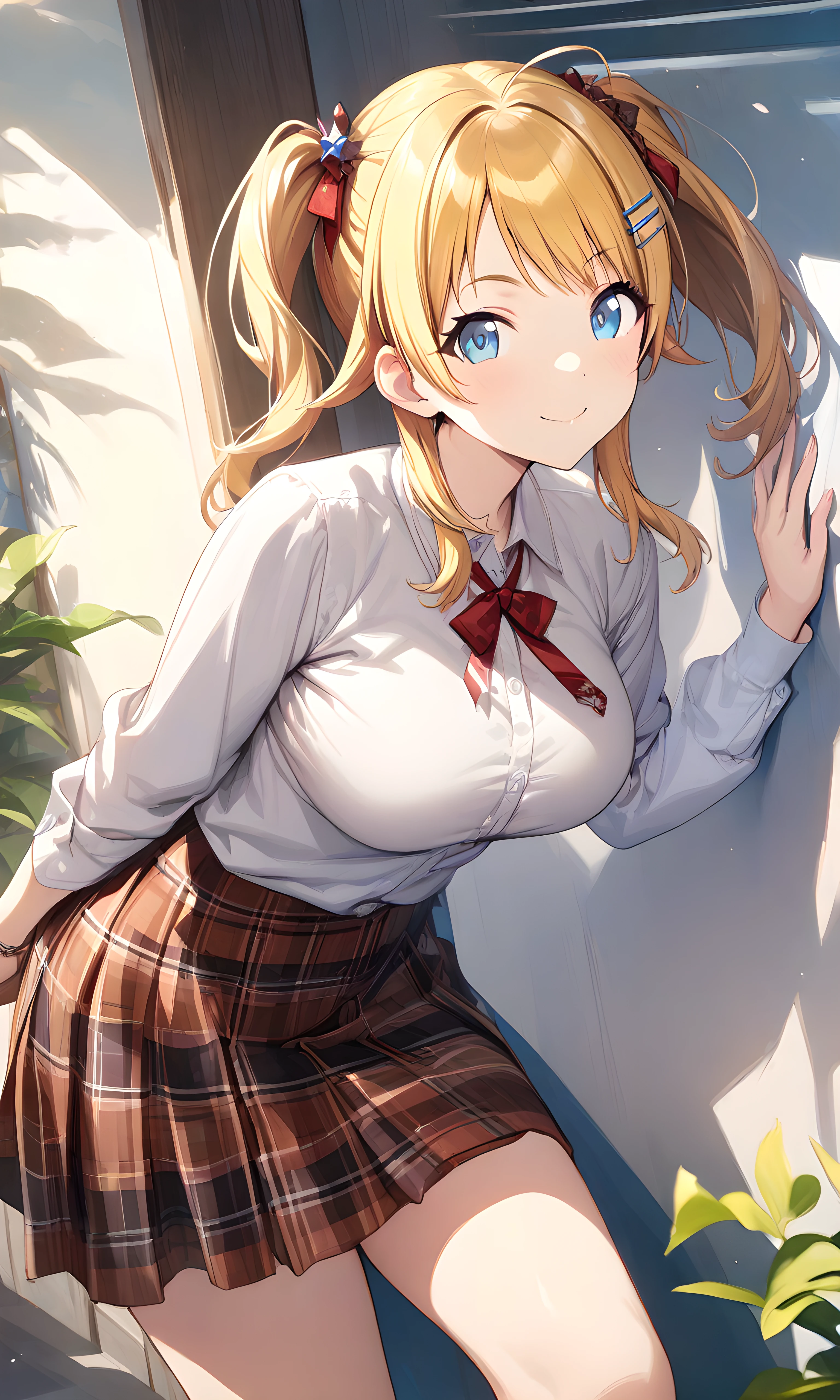 (masterpiece),(best quality),(ultra-detailed),(best illustration),(best shadow),(absurdres),(detailed background),(very aesthetic),  meguru hachimiya, 1girl, blonde hair, skirt, solo, blue eyes, hair ornament, smile, plaid, breasts, twintails, plaid skirt, hairclip, looking at viewer, shirt, long hair<lora:XL-MeguruHachimiyav1:1>