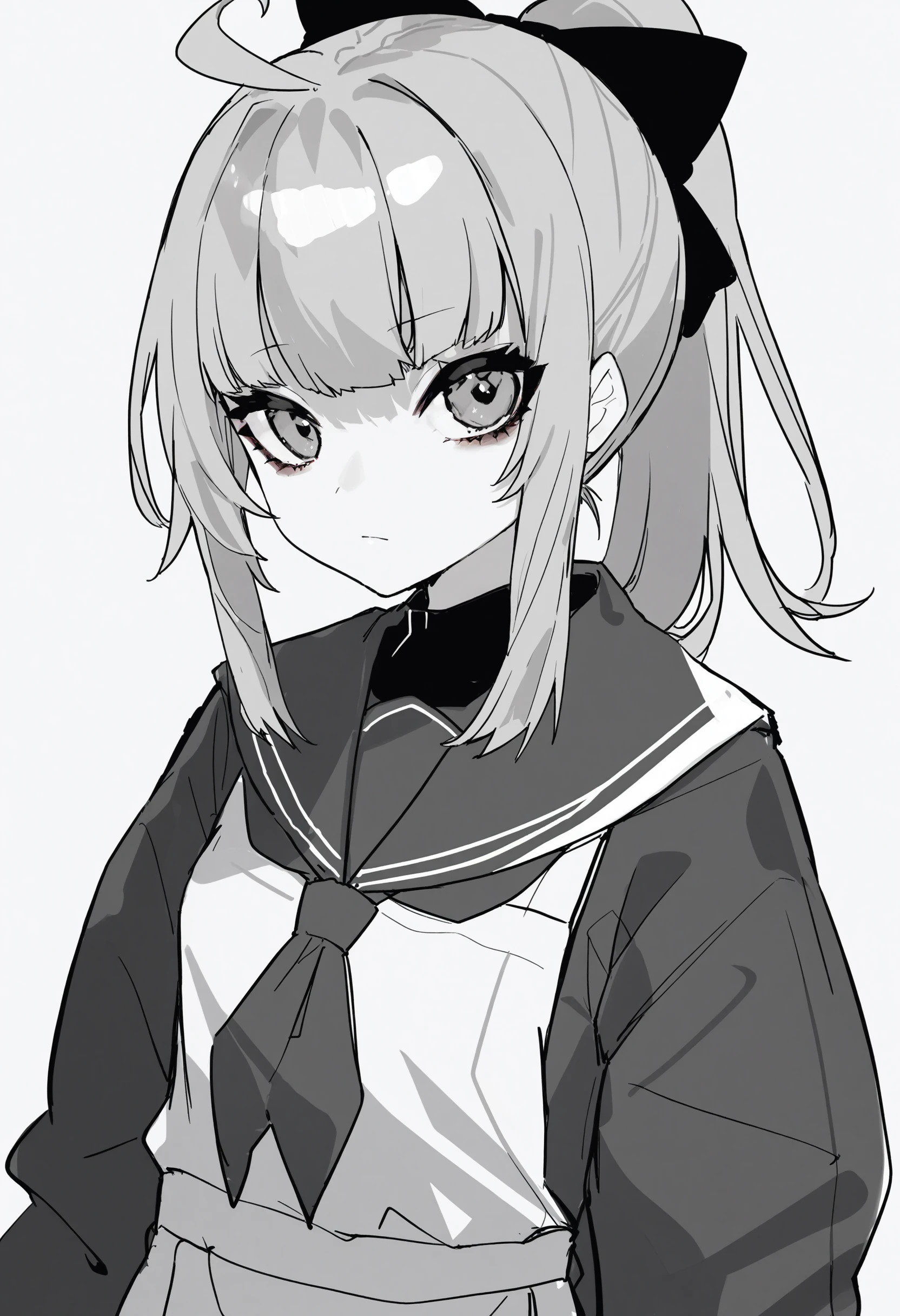 1girl,
greyscale, monochrome, solo, sketch, school uniform, serafuku, simple background, closed mouth, ponytail, white background, upper body, long hair, looking at viewer, sailor collar, neckerchief, eyelashes, blunt bangs, long eyelashes, kappougi, shawl, hair bow, ahoge, bow, long sleeves, apron, sideways glance,
masterpiece, best quality
<lora:menouXLlokr8f-000186:0.95>