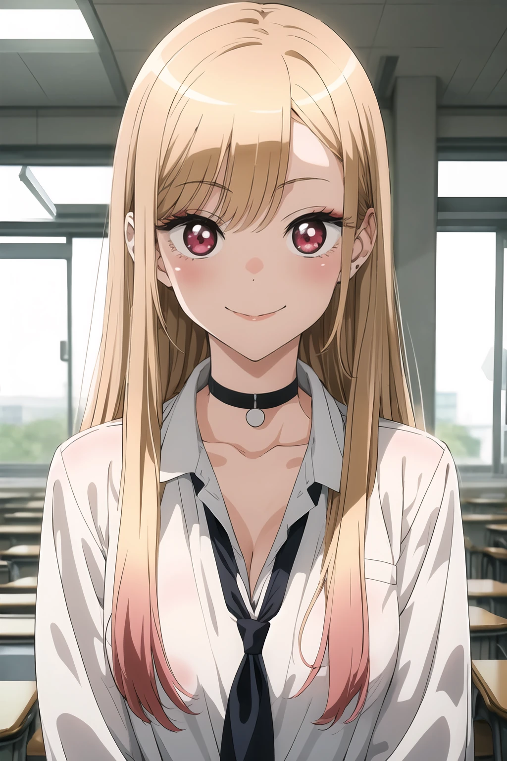 kitagawa marin, 1girl, solo, choker, blonde hair, long hair, black choker, shirt, smile, red eyes, looking at viewer, white shirt, bangs, indoors, multicolored hair, school uniform, collared shirt, upper body, closed mouth, collarbone, blurry background, meme, open clothes, <lora:Sono Bisque Doll wa Koi wo Suru - Marin Kitagawa Updated:0.8>