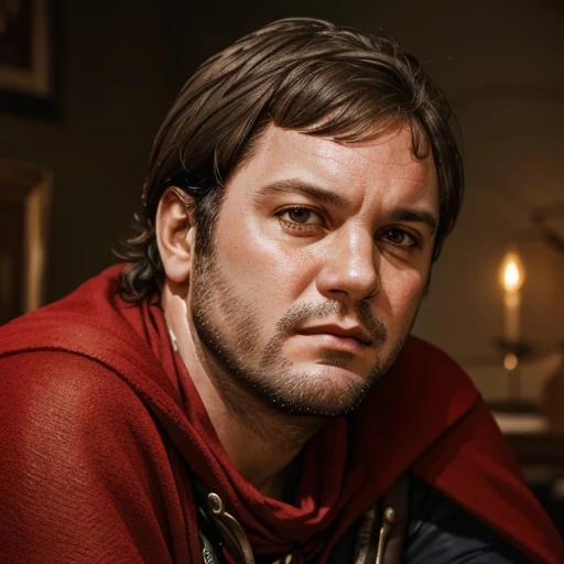 1boy, man, solo, jchk, portrait, looking at the viewer, red cape, male focus,( stubble:1.2), chubby, focus on face, close up, <lora:Jean-Christophe_Hembert_-_Karadoc_Kaamelott:1>