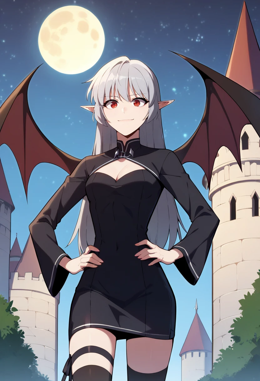 score_9, score_8_up, score_7_up,
<lora:SoloMaxLevelNewbie_AliceXL:0.8>, AliceSMLN,
1girl, solo, closed mouth, light smile,
grey hair, long hair, red eyes, pointy ears,
AliceVamp, black dress, long sleeves, cleavage cutout, thigh strap, black thighhighs, bat wings,
standing, looking at the viewer, (facing viewer:1.2), hands on own hips,
outdoors, dark, night, moon, starry sky, castle