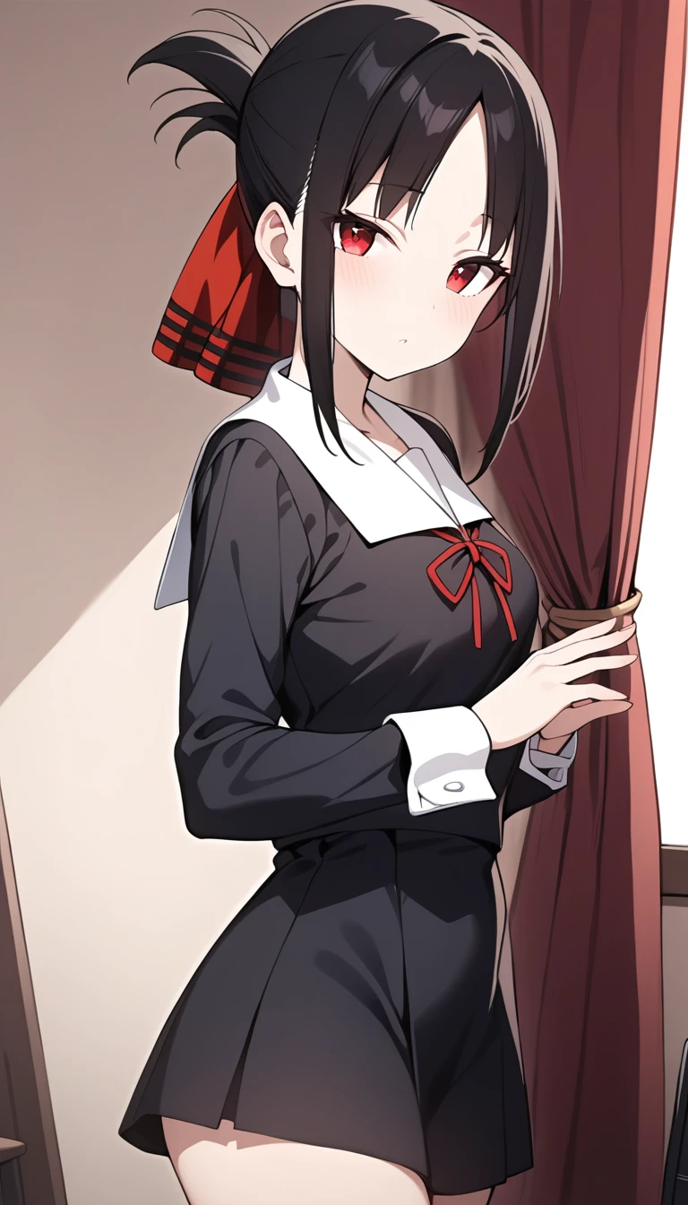 masterpiece, best quality, 1girl, kaguya,  <lora:kaguyaSDXL:0.8>, school uniform, black dress, black skirt, red ribbon, looking at viewer, cowboy shot,