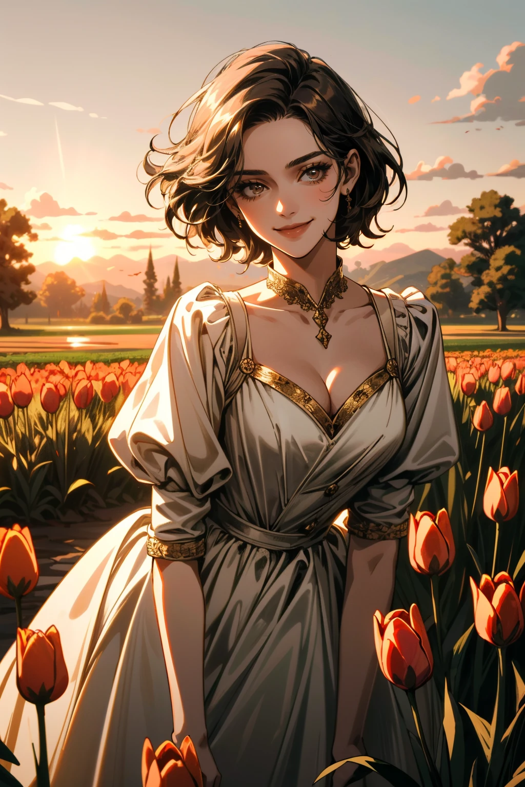 ((ultra detailed, masterpiece, absurdres))
<lora:THLilianne:0.7>
THLilianne, 1girl, brown hair, in a field of tulips, golden hour, elegant dress, smiling
