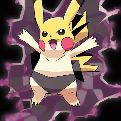 Dancing Pokemon pikachu, dark  themed background. very dark and scary horror vibes. hyper intricate details. purple, red, white colors. hyperrealistic artwork style. scary horror metal music vibe. godrays, gorgeous, amazing, intricate, highly detailed, digital painting, artstatio
