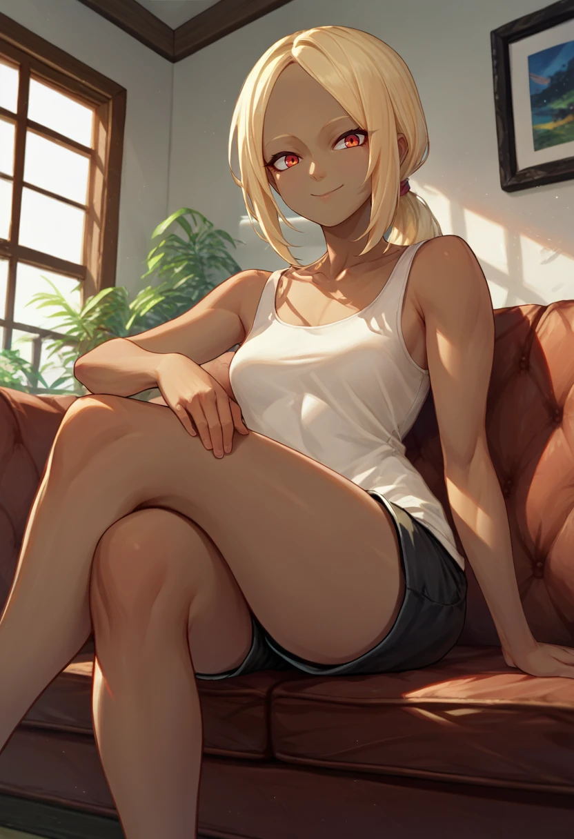 score_9, score_8_up, score_7_up, source_anime, solo, 1girl, grkatbanga, dark skin, smile, looking at viewer, sitting, couch, crossed legs, low ponytail, white tank top, black shorts, indoors <lora:gravityrush_kat_ponyXL-000004:1>