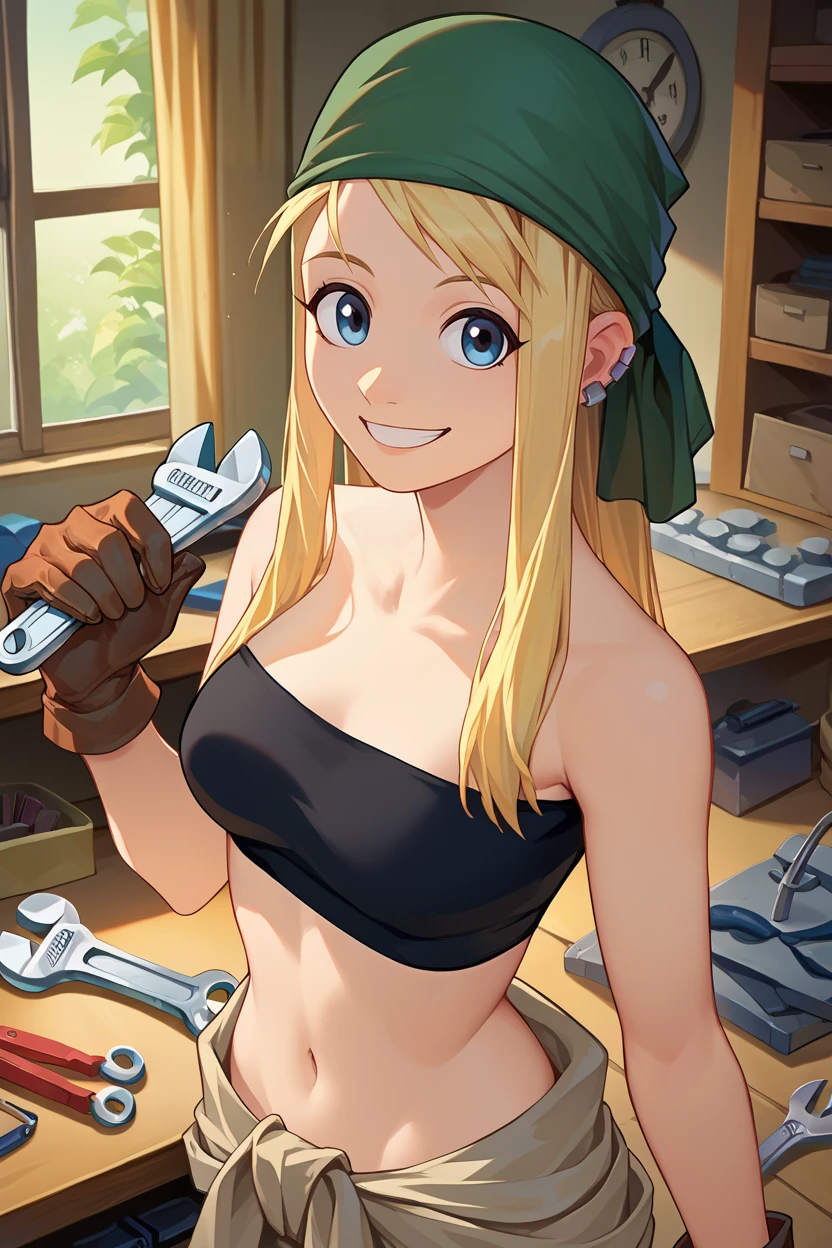 score_9, score_8_up, score_7_up, score_6_up, source_anime BREAK 1girl,  <lora:winry-pdxl-nvwls-v1-000006:1> winry rockbell, earrings, green bandana, black tube top, strapless, midriff, clothes around waist, beige pants, brown gloves, looking at you, happy, indoors, workshop, tools, smile, holding wrench, upper body, pants